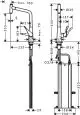 Hansgrohe Spültischmischer mit Ausziehauslauf, dargestellt in technischen Zeichnungen mit Maßen und Anschlüssen, zeigt unterschiedliche Perspektiven des Produkts.